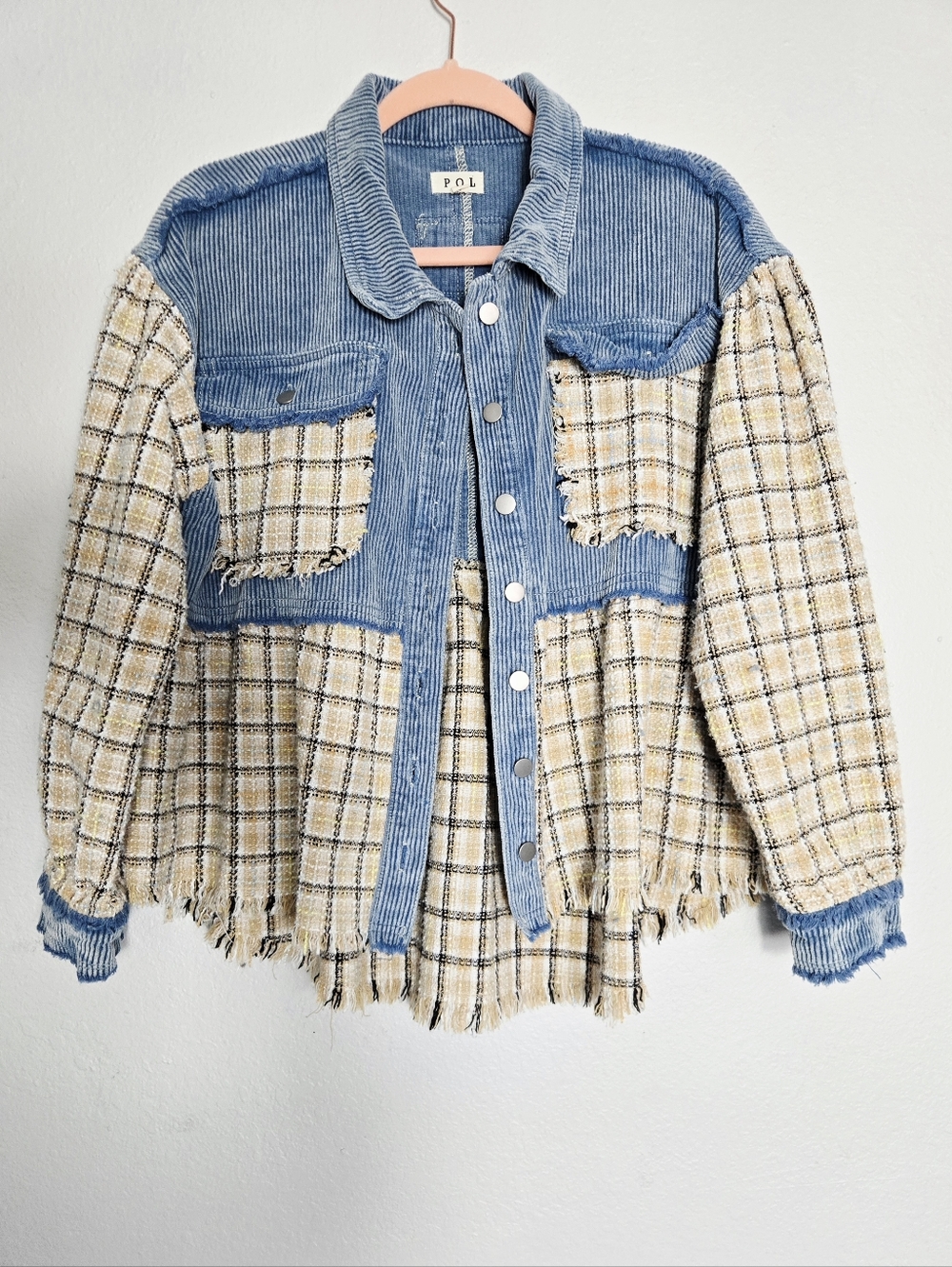 POL Corduroy Plaid Tweed Button Down Shirt Jacket Blue Medium - Picture 3 of 12